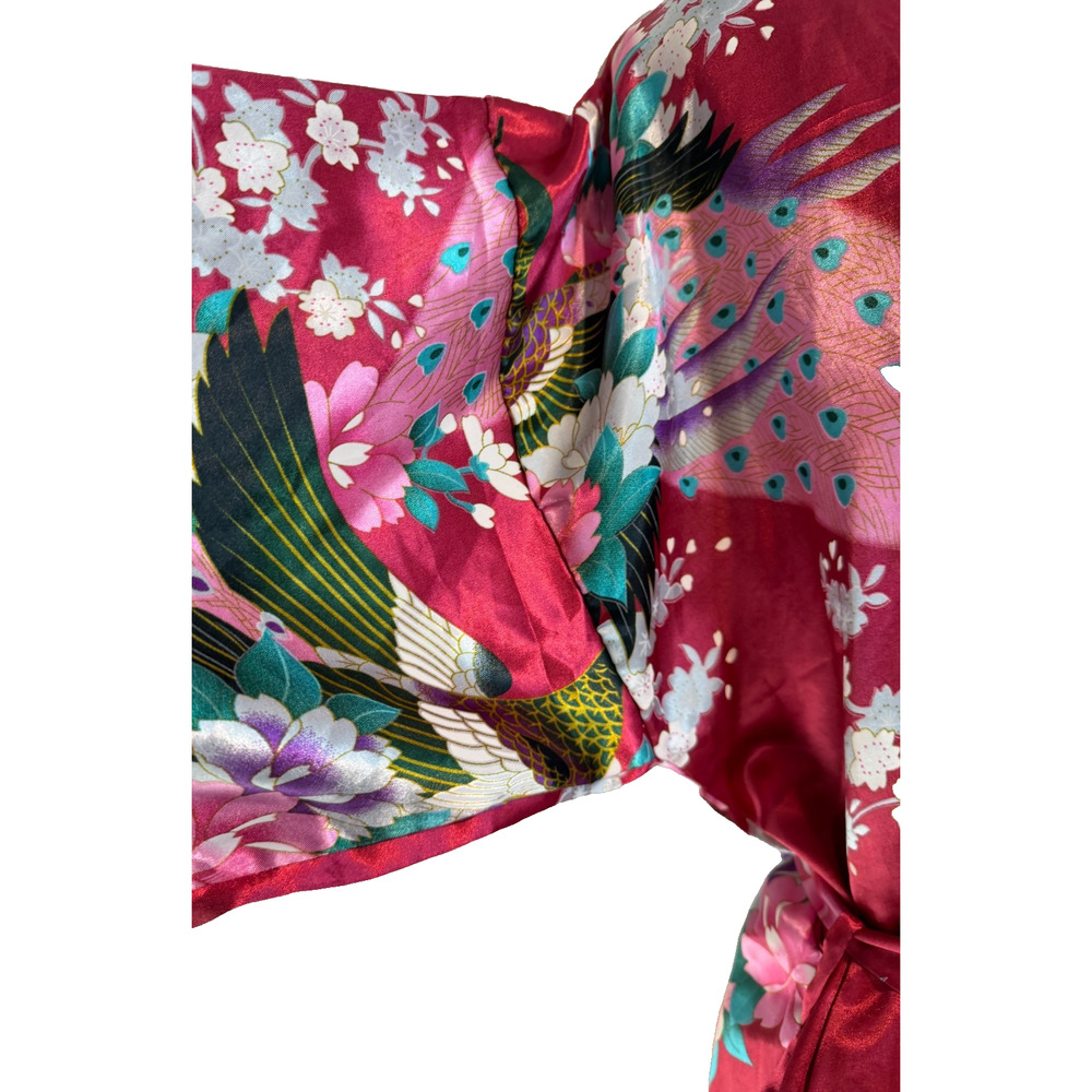 Wine Red Peacock Floral Satin Kimono Jacket – Japanese Inspired Layer Robe - Picture 5 of 9
